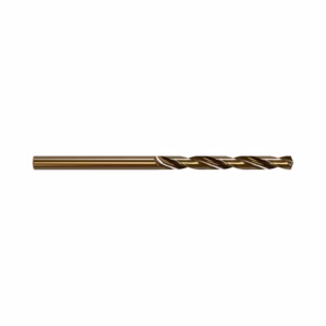 Gold-colored twist drill bit laid horizontally on a white background, showing its helical flutes