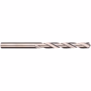 Long steel twist drill bit laid horizontally with a shiny metallic finish