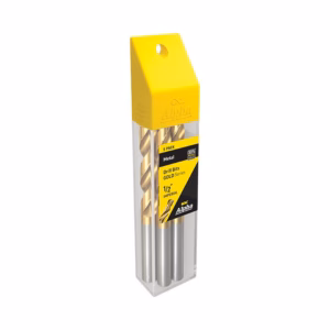 Set of five gold-coated metal drill bits in clear plastic case with yellow cap and label read 1/2" imperial, Alpha brand