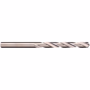 Long twist drill bit with helical flutes and a shiny metallic finish, shown horizontally.