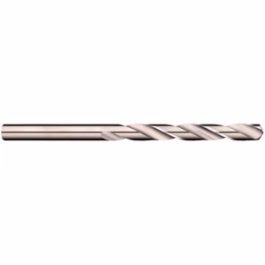 Twisted gold-colored drill bit extending horizontally across a white background