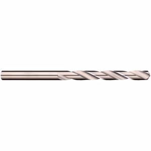 Twist drill bit made of shiny metal with helical flutes along its shaft