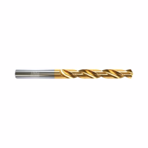 Gold-coated twist drill bit with a silver cylindrical shank, shown horizontally.