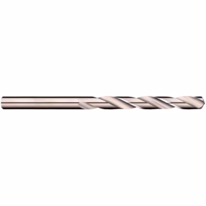 Metal twist drill bit aligned horizontally, showing its helical flutes and polished metallic surface