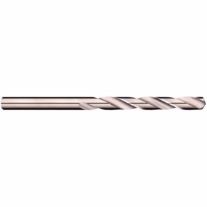 Horizontal metal twist drill bit with helical flutes and polished finish, used for drilling.