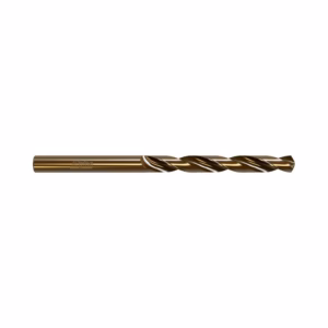 Bronze twist drill bit laid horizontally, showing spiral flutes and cutting edge.