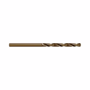 Gold-colored twist drill bit on a white background, horizontal position, used for metal drilling.