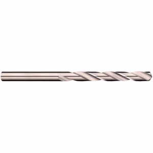 Metallic twist drill bit with helical flutes laid horizontally on a white background.
