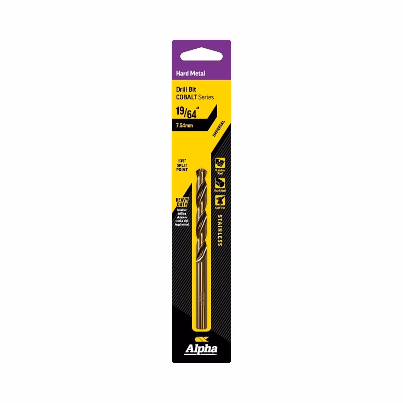 9LI1964CO_2 - Alpha Tools Packaging for Alpha cobalt drill bit; 19/64 in (7.54 mm) imperial size, heavy-duty gold drill bit in yellow and black wrapper.