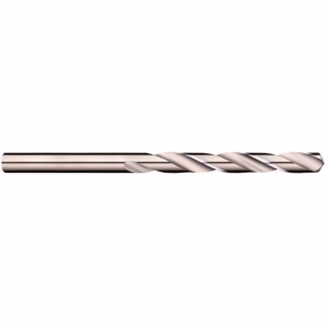 Rose-gold metal twist drill bit shown horizontally with spiraled flutes and a sharp tip on the left edge of the image.