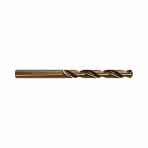 Bronze-coated twist drill bit extending to the right, showing its spiral flutes and cylindrical shank