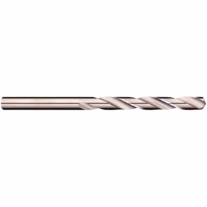 Long twist drill bit with a shiny metallic finish and helical flutes, shown horizontally.