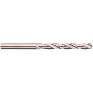 Long metallic twist drill bit shown horizontally with helical flutes on a white background.