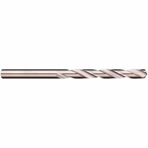 Long twist drill bit with spiral flutes, mounted against a white background, for metal drilling