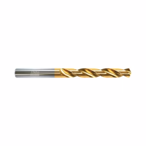 Gold-coated twist drill bit with a silver shank for metal drilling, showcasing spiral flutes.