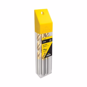 Five-piece metal drill bit set in a clear plastic case with a yellow top cap.
