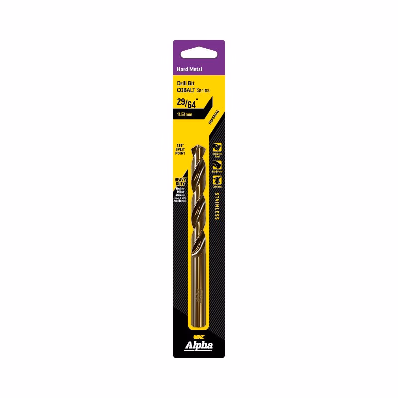 9LI2964CO_2 - Alpha Tools Packaging for Alpha hard metal cobalt drill bit, size 29/64 inch (11.5 mm), heavy-duty, in yellow and black blister with purple top label.