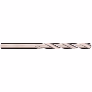 Long chrome twist drill bit on a white background, showing its helical flutes and cutting tip