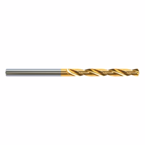 Gold-coated twist drill bit with a silver shank, used for metal drilling