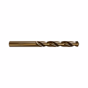 Bronze-colored twist drill bit shown lying horizontally, ready for metalworking use.