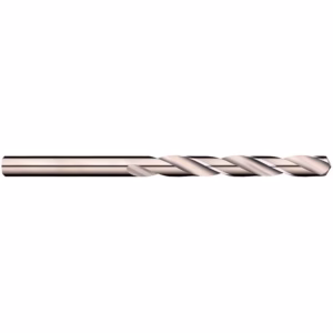 Metal twist drill bit lying horizontally on a white background.