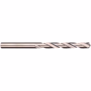 Long metallic twist drill bit lying horizontally, showing spiral flutes for drilling holes in metal or wood.