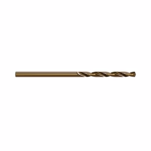 Gold-coated twist drill bit lying horizontally, used for metal drilling with helical flutes starting near the tip.
