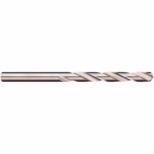 Shiny metal twist drill bit laid horizontally on a white background, used for drilling metal or wood