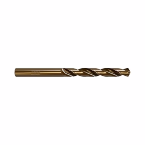 Golden-coated twist drill bit for metalworking laid horizontally on a white background.