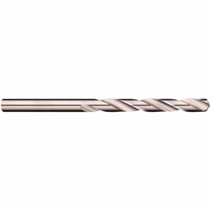 Rose-gold twist drill bit laid horizontally on a white background, profile view.