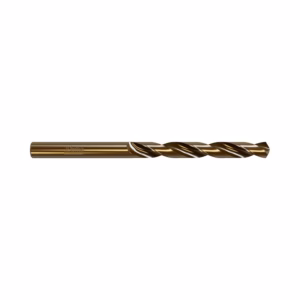 Bronze-coated twist drill bit lying horizontally with spiral flutes