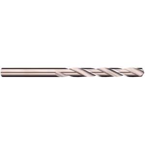 Long silver twist drill bit with helical flutes extending across its length