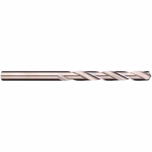 Metal twist drill bit lying horizontally on a white background