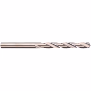 Long metallic twist drill bit laid horizontally across the frame