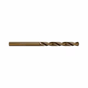 Gold-coated twist drill bit with spiral flutes, used for drilling metal or wood.