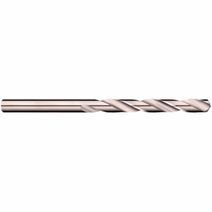 Metal twist drill bit lying horizontally, shiny steel with helical flutes used for drilling holes in metal or wood.