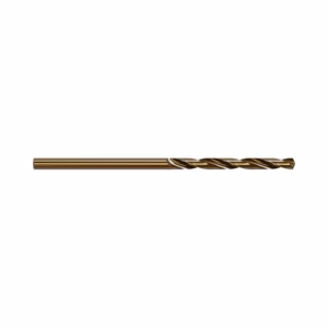 Gold-colored twist drill bit laid horizontally on a white background