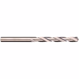 Metal twist drill bit with helical flutes, laid horizontally across a white background
