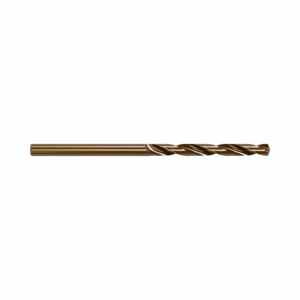 Gold-coated twist drill bit lying horizontally with spiral flutes visible on the right side.