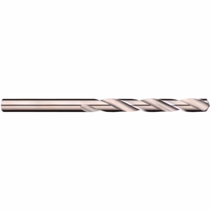 Long metallic twist drill bit with a sharp helical flute, lying horizontally on a white background.