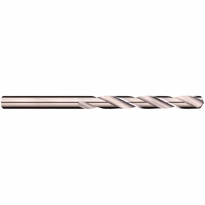 Metal twist drill bit lying horizontally across a white background, showing its helical flutes and cutting tip
