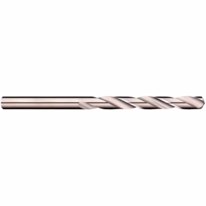 Gold-colored twist drill bit lying horizontally, side view.