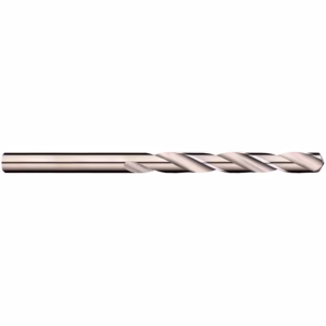 Horizontal metal twist drill bit with spiraled flutes, extended to the right