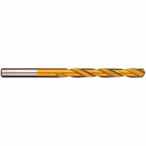 Gold-coated twist drill bit extending horizontally on a white background, used for metal drilling.