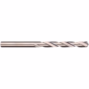Metal twist drill bit for metalworking, long and shiny with helical flutes along the shank
