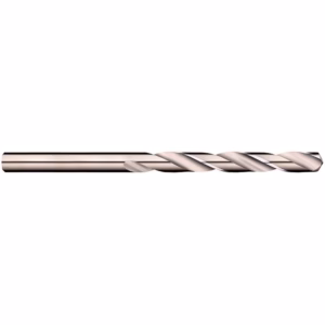 Shiny metal twist drill bit lying horizontally.