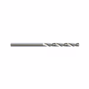 Twist drill bit for metal with helical flutes on a silver shank against white background in a horizontal orientation, close-up detail