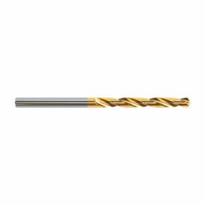 Gold-colored twist drill bit with a silver shank, a cutting tool for drilling metal or wood.
