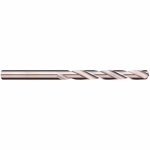Twist drill bit for metal drilling, long silver baton with a helical flute.
