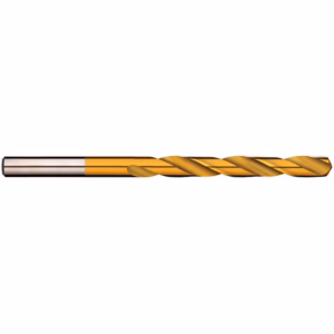 Gold-coated twist drill bit extending horizontally, ready for drilling, with a silver shank on the left.